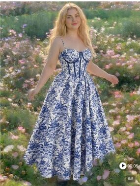 SHEIN Curve Blue & White Floral Dress with Spaghetti Straps